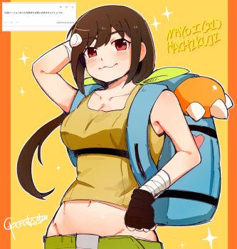 1girl breasts brown_hair collarbone commission crop_top garakutaya_(grktya0831) groin hachikuji_mayoi hair_ornament highres hip_bones large_breasts long_hair midriff monogatari_(series) navel pale_skin red_eyes zoku_owarimonogatari