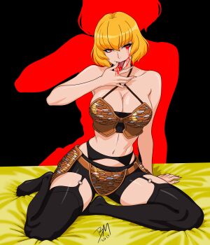 Rule 34 | 1girl, 2025, absurdres, black background, blonde hair, blood, blood on face, blood on hands, blood on tongue, bloodshot eyes, bloody tears, breasts, clementine (overlord), commentary, garter belt, highres, large breasts, licking, licking blood, licking finger, o-ring, o-ring legwear, overlord (maruyama), spider.blade, tongue, tongue out
