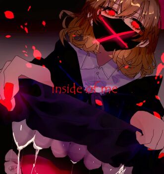 1girl blonde_hair commentary_request english_text extra_mouth fingernails glowing_nails grey_background looking_at_viewer mask mouth_mask one-hour_drawing_challenge red_eyes red_nails rumia shinjitsu_no_kuchi shirt solo touhou upper_body white_shirt