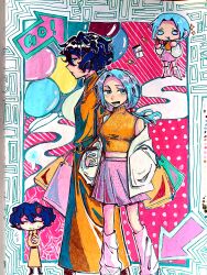 Rule 34 | 1boy, 1girl, absurdres, alternate costume, arrow (symbol), bag, balloon, blue eyes, blue hair, breasts, chinese commentary, closed eyes, closed mouth, coat, commentary request, cropped sweater, cup, curly hair, dark blue hair, disposable cup, english text, enomoto noa, food-themed hair ornament, green bag, hair bobbles, hair ornament, height difference, highres, holding, holding cup, jacket, light blue hair, long sleeves, low ponytail, medium breasts, open clothes, open jacket, open mouth, orange bag, orange coat, orange sweater, own hands together, painting (medium), paparenbale, parted bangs, pink bag, pink skirt, pleated skirt, saibou shinkyoku, shopping bag, short hair, side ponytail, skirt, sleeveless, sleeveless sweater, sleeveless turtleneck, smile, sparkle, strawberry hair ornament, sweater, traditional media, turtleneck, utsugi noriyuki, white jacket, white leg warmers