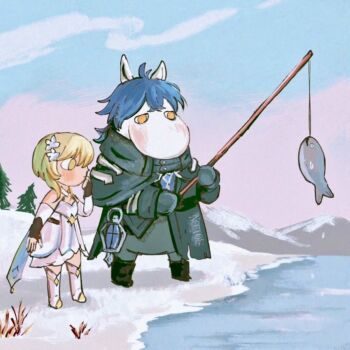 1boy 1girl antenna_hair black_boots black_coat blonde_hair blue_hair blue_sky blush boots coat commentary detached_sleeves dress fish fishing_rod flins_(genshin_impact) flower genshin_impact hair_flower hair_ornament hand_up highres holding holding_fishing_rod lantern long_sleeves lumine_(genshin_impact) moomin neetols outdoors shoes sky snow thigh_boots water white_dress white_shoes yellow_eyes