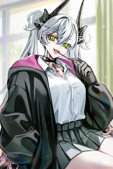 1girl black_hands black_jacket black_skirt body_markings breasts choker collared_shirt colored_extremities commentary_request crossed_bangs demon_girl demon_horns diandao_qin ear_piercing fate/grand_order fate_(series) food green_eyes grey_hair hair_between_eyes highres hood hooded_jacket horns jacket large_breasts lilith_(fate) long_hair long_sleeves looking_at_viewer open_mouth piercing pocky pointy_ears shirt skirt smile solo thighs twintails very_long_hair white_shirt