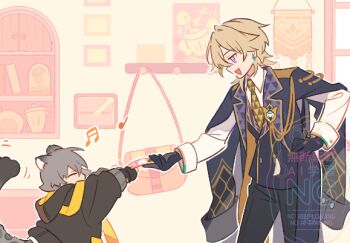 2boys aventurine_(honkai:_star_rail) black_gloves black_pants blonde_hair caelus_(honkai:_star_rail) collared_shirt commentary_request earrings from_side gloves grey_hair height_difference honkai:_star_rail honkai_(series) jewelry male_focus money multiple_boys musical_note necktie okogemcya open_mouth pants shirt short_hair snow_leopard_boy snow_leopard_ears snow_leopard_tail trailblazer_(honkai:_star_rail) white_shirt yellow_necktie