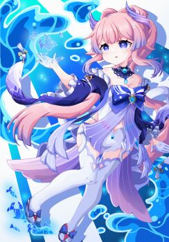 1girl absurdres bare_shoulders blue_bow blue_eyes bow bubble dress genshin_impact gloves haronin_fukke highres long_hair pink_hair purple_eyes resized sangonomiya_kokomi solo thighhighs very_long_hair water waves