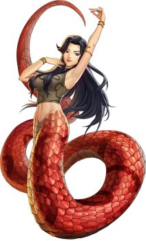 1girl animal_print armlet artist_request black_hair blue_eyes bracelet breasts brown_tank_top demon_(megami_tensei) highres jewelry lamia lamia_(megami_tensei) monster_girl navel official_art persona persona_5 persona_5:_the_phantom_x print_tank_top red_nails red_scales shin_megami_tensei slit_pupils snake_girl solo tank_top third-party_source transparent_background