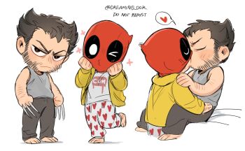2boys arm_hair barefoot beard blush brown_hair chibi claw_(weapon) closed_eyes couple deadpool deadpool_&amp;_wolverine deadpool_(series) dreaming_oor facial_hair frown heart heart_print highres hood hood_down kiss male_focus marvel marvel multiple_boys one_eye_closed pants puckered_lips red_mask shirt short_hair sitting sitting_on_lap sitting_on_person spoken_heart tank_top v-shaped_eyebrows weapon wolverine_(x-men) x-men yaoi