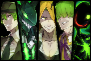 Rule 34 | 5boys, blazblue, blazblue: calamity trigger, blazblue: central fiction, blazblue: chronophantasma, blazblue: continuum shift, blazblue: phase shift, crazy smile, fedora, formal clothes, ghost, glowing, green eyes, green hair, grin, hair over eyes, hat, hazama, hidden eyes, highres, hood, hooded jacket, jacket, kazuma kuvaru, luse maonang, male focus, multiple boys, multiple persona, one eye closed, one eye covered, pectorals, smile, spoilers, suit, susanoo (blazblue), yellow eyes, yuuki terumi