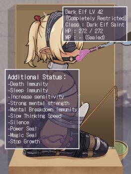 1girl alternate_language armbinder arms_behind_back bandeau bdsm blindfold blonde_hair bondage bound box collar dark-skinned_female dark_skin dildo_gag english_text feeding flat_chest force-feeding gag gagged highres hitachi_magic_wand kuzlin legbinder loli metal_collar original ponytail remote_control_vibrator restrained rope saliva seiza sex_toy shibari short_hair sitting solo tongue tongue_out two_side_up vibrator white_bandeau x-ray yellow_eyes