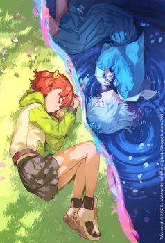 2025 2girls aqua_gemstone aqua_hair aqua_shirt aqua_skirt black_shoes black_skirt closed_eyes colored_inner_hair copyright_notice crysta_(duel_masters) duel_masters duel_masters_lost gem green_hoodie hair_ornament harusame_tsubaki hood hoodie katori_niika knees_up multicolored_hair multicolored_hoodie multicolored_shoes multiple_girls official_art petals profile purple_hoodie red_hair sailor_collar school_uniform shirt shoes skirt sleeping split_screen white_sailor_collar white_shoes yellow_hoodie