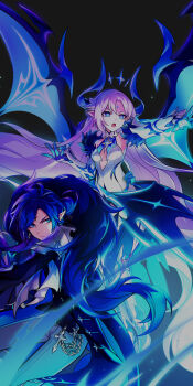 +_+ 1boy 1girl armor ascot bare_shoulders black_background black_coat blue_background blue_dress blue_eyes blue_gloves blue_hair blue_horns blue_pantyhose blue_wings boots bright_pupils center_opening ciel_(elsword) closed_mouth coat curled_horns demon_girl demon_horns demon_wings detached_sleeves determined dress elsword facial_mark faulds feet_out_of_frame floating_hair forehead_mark frown full_body fur-trimmed_coat fur-trimmed_sleeves fur_trim gloves gradient_background highres horns hwansang light_particles long_dress long_hair long_sleeves luciela_r._sourcream magic official_art open_mouth pantyhose parted_bangs petite pointy_ears purple_hair second-party_source short_hair spread_wings swept_bangs thigh_boots torn_clothes torn_dress two-sided_dress two-sided_fabric very_long_hair white_ascot white_boots white_dress white_pupils white_sleeves wings