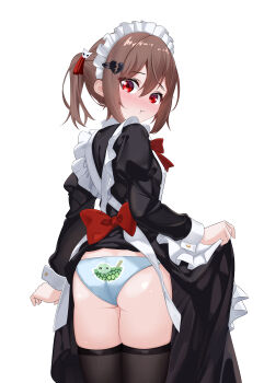 1girl absurdres apron black_dress black_thighhighs blush bow bowtie brown_hair closed_mouth cowboy_shot dcmec dress evil_neuro-sama from_behind hair_between_eyes hair_ornament heart heart_hair_ornament highres loli long_sleeves looking_at_viewer looking_back maid maid_apron maid_headdress neuro-sama panties pout red_bow red_bowtie red_eyes red_ribbon ribbon simple_background solo thighhighs two_side_up underwear undressing vedal987 vedal_ai virtual_youtuber white_apron white_background white_panties