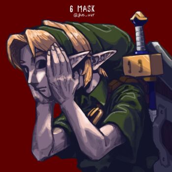 Rule 34 | 1boy, blonde hair, gus uur, hat, highres, link, mask, nintendo, pointy ears, red background, removing mask, scabbard, sheath, shield, shield on back, solo, sword, the legend of zelda, the legend of zelda: majora's mask, tunic, upper body, weapon