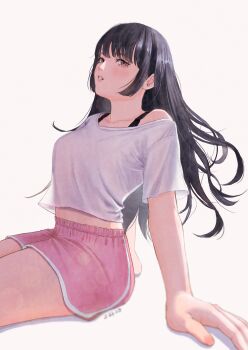 1girl absurdres arm_support black_hair blurry_edges bra_strap brown_eyes collarbone commentary_request cowboy_shot crop_top cropped_shirt film_grain from_side highres long_hair looking_at_viewer looking_to_the_side midriff off-shoulder_shirt off_shoulder original parted_lips pink_shorts shirt short_shorts short_sleeves shorts sidelocks simple_background sitting solo white_background white_shirt wispy_bangs zakikoillust