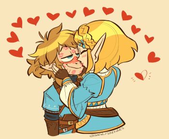 1boy 1girl blonde_hair blush braid commentary couple crown_braid english_commentary fingerless_gloves gloves heart highres link lipstick lipstick_mark lipstick_mark_on_face makeup nintendo pointy_ears princess_zelda sarah_sketches short_hair smile the_legend_of_zelda the_legend_of_zelda:_breath_of_the_wild upper_body wavy_mouth