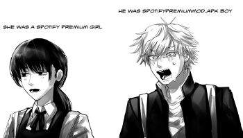 1boy 1girl chainsaw_man commentary denji_(chainsaw_man) english_commentary english_text eye_twitch fourth_east_high_school_uniform gakuran greyscale heartbreak_juan highres jacket low_ponytail mitaka_asa monochrome open_clothes open_jacket open_mouth ponytail school_uniform sharp_teeth sweat teeth