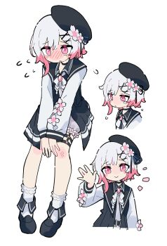 1girl 33puruspa \||/ absurdres black_choker black_dress black_hat black_shoes blush bobby_socks bug butterfly choker dress flower flower_ornament flying_sweatdrops gradient_hair hair_ornament hat hat_flower highres insect looking_at_viewer magical_girl mahou_shoujo_no_majo_saiban multicolored_hair multiple_views nose_blush parted_lips pink_eyes pink_hair red_butterfly sakuraba_ema shirt shoes simple_background smile socks tearing_up thigh_strap white_background white_flower white_hair white_shirt white_socks x_hair_ornament