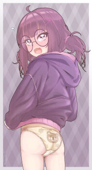 1girl ahoge animal_print ass back-print_panties bear_print blush brown_hair embarrassed fallenshadow flat_ass flying_sweatdrops from_behind glasses hair_ornament hairclip hood hoodie indie_virtual_youtuber jacket long_hair looking_back no_pants open_mouth panties pettan_(zeez4743) pink_eyes print_panties purple_hoodie purple_jacket solo thighs twintails underwear virtual_youtuber yellow_panties