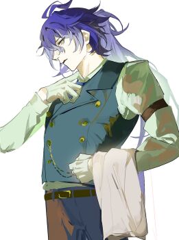 1boy antenna_hair arm_belt belt belt_buckle black_belt blue_hair buckle commentary_request flins_(genshin_impact) formal_clothes genshin_impact gloves grey_pants highres lapels long_hair long_sleeves male_focus notched_lapels osuzu_susu pants ponytail shirt simple_background solo standing towel towel_on_arm white_background white_gloves white_shirt yellow_eyes