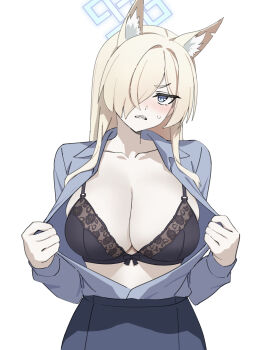 1girl absurdres animal_ear_fluff animal_ears black_bra blonde_hair blue_archive blue_eyes blue_shirt blue_skirt bra breasts collarbone collared_shirt commentary_request cowboy_shot dog_ears dog_girl halo highres kanna_(blue_archive) lace lace-trimmed_bra lace_trim large_breasts lingerie long_hair long_sleeves looking_at_viewer ryaa sharp_teeth shirt simple_background skirt solo standing sweatdrop teeth underwear undressing white_background