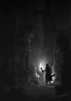 1other bloodborne building city commentary_request greyscale hat highres holding holding_torch holding_weapon hunter_(bloodborne) jacket long_sleeves monochrome saw saw_cleaver standing torch tricorne tripdancer weapon
