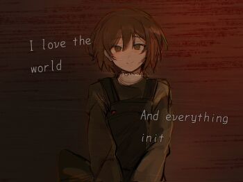 1girl asya_shubina brown_dress brown_eyes brown_hair cowboy_shot dress english_text hashtag-only_commentary highres light_smile long_sleeves looking_at_viewer mvj6fvnqpt89508 school_uniform short_hair solo z.a.t.o._//_i_love_the_world_and_everything_in_it