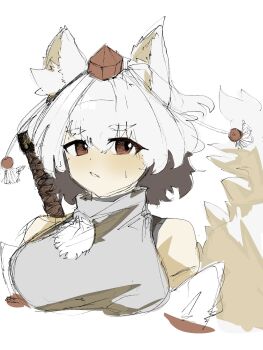 1girl animal_ear_fluff animal_ears blush breasts commentary_request detached_sleeves grey_hair grey_shirt hat highres inubashiri_momiji kumagawa1230 looking_at_viewer medium_breasts red_eyes red_hat shirt short_hair simple_background sketch sleeveless sleeveless_shirt solo sweatdrop sword sword_on_back tail tokin_hat touhou upper_body weapon weapon_on_back white_background wolf_ears wolf_girl wolf_tail