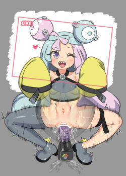 1girl asymmetrical_legwear bar_censor basukechi breasts censored covered_erect_nipples female_ejaculation female_masturbation grey_background highres iono_(pokemon) livestream loli masturbation multicolored_hair navel nintendo object_insertion one_eye_closed pokemon pokemon_sv pussy pussy_juice recording sex_machine sharp_teeth simple_background small_breasts smile solo spread_legs stealth_masturbation stomach_bulge teeth thigh_strap thighhighs vaginal vaginal_object_insertion wink