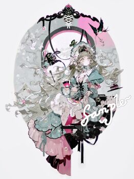 1girl absurdres bird black_hairband blunt_bangs brown_hair closed_mouth commission cup dress eteru flower frills full_body green_eyes hair_flower hair_intakes hair_ornament hairband headdress highres holding holding_cup long_hair looking_afar mihuashi_commission original puffy_short_sleeves puffy_sleeves ribbon sample_watermark short_sleeves sitting solo teacup teapot watermark white_bird white_flower wide-eyed