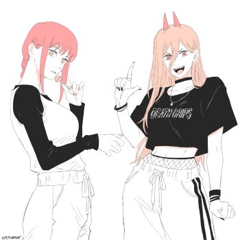 2girls black_nails blonde_hair braid braided_ponytail breasts chainsaw_man commentary crop_top cropped_shirt cross-shaped_pupils doll hair_between_eyes highres holding holding_doll hood hoodie index_finger_raised jewelry large_breasts long_hair makima_(chainsaw_man) medium_breasts multiple_girls open_mouth pants pink_eyes pink_hair pink_hoodie pink_nails power_(chainsaw_man) ring ringed_eyes sidelocks signature single_braid smile sweatpants symbol-shaped_pupils v-shaped_eyebrows virtuware wristband