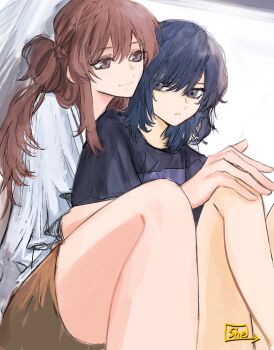 Rule 34 | 2girls, black hair, black shirt, brown hair, brown shorts, closed mouth, cuddling, double-parted bangs, frown, grey eyes, hair between eyes, hashtag-only commentary, highres, knees up, long bangs, long hair, looking to the side, miyagi shiori, multiple girls, sendai hazuki, she (morianosu), shirt, short hair, shorts, shuuniichido classmate wo kau hanashi, sideways glance, sitting, sketch, smile, white shirt, yuri