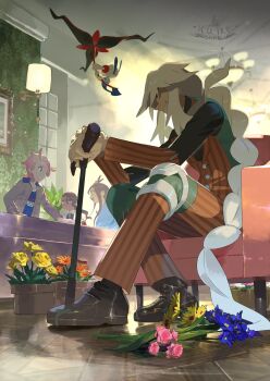 1girl 3boys armchair artist_name az_(pokemon) blue_flower blurry brown_pants brown_vest cane ceiling_light chair closed_mouth commentary_request dated e_volution floette floette_(eternal) flower flower_pot from_below gen_6_pokemon highres holding holding_cane indoors lida_(pokemon) long_hair long_sleeves multiple_boys naveen_(pokemon) nintendo orange_flower pants pink_flower pokemon pokemon_legends:_z-a shirt shoes sitting urbain_(pokemon) vest watermark yellow_flower