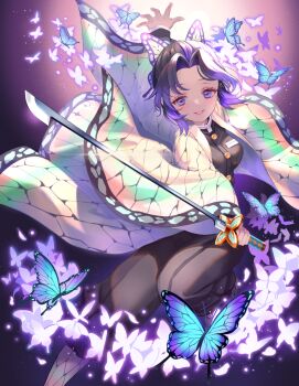 1girl black_hair blue_butterfly bug butterfly butterfly_hair_ornament commentary_request demon_slayer_uniform eyelashes glint hair_ornament haori highres holding holding_sword holding_weapon insect japanese_clothes kimetsu_no_yaiba kochou_shinobu looking_at_viewer mitama_(mokochiko) purple_background purple_eyes purple_hair solo sword weapon