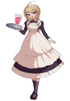 1girl ahoge akamatsu_kaede apron black_dress blonde_hair breasts commentary_request danganronpa_(series) danganronpa_v3:_killing_harmony dress fortissimo frilled_apron frills glass hair_ornament highres holding holding_tray large_breasts long_hair long_sleeves looking_at_viewer maid maid_apron maid_headdress mi_shengwu_3.2_hao musical_note musical_note_hair_ornament open_mouth simple_background smile solo tray white_apron