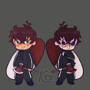 2boys afraid_of_monsters axe black_hoodie blood blood_on_face bloody_weapon brown_hair chibi chibi_only crossed_bangs david_leatherhoff drugs dual_persona empty_eyes facial_hair facing_viewer fire_axe full_body goatee_stubble green_eyes hair_between_eyes highres holding holding_axe hood hood_down hoodie konfettii multiple_boys oversized_object partially_shaded_face pill scar scar_on_face short_hair smirk standing striped_clothes striped_hoodie stubble the_addiction_(afraid_of_monsters) weapon