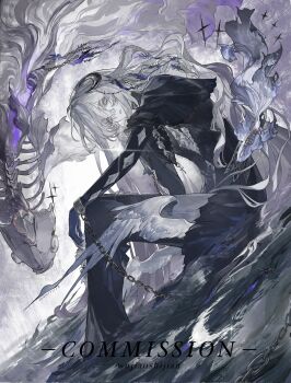 Rule 34 | 1boy, arm on own leg, artist name, black pants, bone, cape, chain, commission, cuffs, dutch angle, english text, fantasy, feathered wings, fins, fish, fish skeleton, fish tail, from side, full body, gloves, hair between eyes, hair ornament, handcuffs, hashtag-only commentary, hatching (texture), highres, horns, limited palette, long hair, long sleeves, looking at viewer, pants, parted lips, sitting, tail, very long hair, water, white eyes, white hair, wings, wujiaoshijian