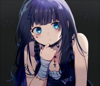 1girl aiba_uiha artist_request bags_under_eyes bandaged_arm bandaged_wrist bandages bare_shoulders black_background black_dress blue_eyes blunt_bangs bow breasts cleavage collarbone dark_background dress earrings expressionless facial_mark hair_ornament hairclip heart heart-shaped_eyes jewelry long_hair looking_at_viewer mask medium_breasts mole mouth_mask necklace nijisanji open_mouth piercing purple_bow purple_hair simple_background sleeveless sleeveless_dress solo straight_hair surgical_mask symbol-shaped_pupils tattoo unworn_mask upper_body virtual_youtuber