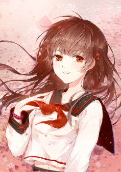1girl black_sailor_collar brown_hair dsprite23 hair_ornament hairclip long_hair looking_at_viewer original pink_background red_eyes red_serafuku sailor_collar school_uniform serafuku solo