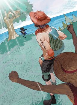 Rule 34 | arm tattoo, bag, bead necklace, beads, belt, black hair, black shorts, boat, elbow pads, from behind, grid teeth, hat, highres, jewelry, male focus, monkey d. luffy, necklace, ocean, one piece, orange belt, orange hat, outdoors, portgas d. ace, raijonyanyanya, red shirt, sabo (one piece), shirt, short hair, shorts, single elbow pad, straw hat, tattoo, top hat, topless male, treehouse, watercraft