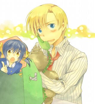 Rule 34 | 00s, 1boy, 1girl, blonde hair, blue eyes, blue hair, blush, brother and sister, clannad, hair ribbon, key (company), phone, pointing, ribbon, short hair, siblings, smile, sunohara mei, sunohara youhei, takana (nanao), tears, twintails, yellow eyes