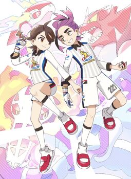 1boy 1girl black_hair brown_eyes brown_hair closed_mouth commentary_request gen_7_pokemon gloves hair_ornament highres holding holding_poke_ball hydrapple incineroar juliana_(pokemon) kieran_(pokemon) kneehighs long_sleeves miraidon mole mole_on_neck nekoniko777 nintendo open_mouth partially_fingerless_gloves poke_ball poke_ball_(basic) pokemon pokemon_sv purple_hair red_shoes sharp_teeth shoes shorts single_glove skeledirge socks teeth white_shorts white_socks yellow_eyes