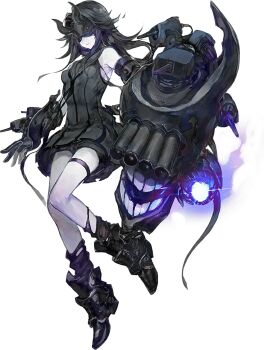 1girl abyssal_ship akira_(kadokawa) armored_boots black_boots black_dress black_gloves black_hair black_socks boots breasts covered_eyes dress eye_mask full_body gloves horned_mask horns kantai_collection light_cruiser_princess long_hair mask monster official_art pale_skin rigging ship_turret short_dress simple_background sleeveless sleeveless_dress small_breasts socks solo teeth thigh_strap third-party_source transparent_background