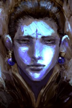 Rule 34 | 1boy, black eyes, black hair, chrollo lucilfer, coat, cross tattoo, earrings, facial mark, facial tattoo, forehead mark, forehead tattoo, fur-trimmed coat, fur trim, highres, hunter x hunter, jewelry, kyezzzz, lips, looking at viewer, male focus, painterly, short hair, sketch, solo, tattoo