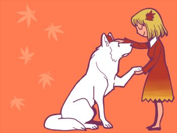 1girl aki_shizuha black_shoes blonde_hair closed_eyes closed_mouth commentary_request dress full_body hair_ornament inubashiri_momiji inubashiri_momiji_(wolf) leaf leaf_hair_ornament long_sleeves maple_leaf onikobe_rin orange_background petting red_dress shoes short_hair smile solo touhou wolf