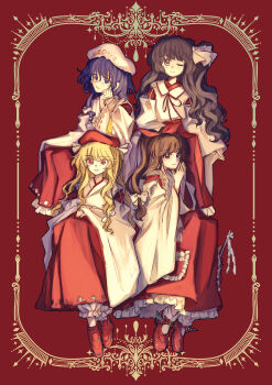 4girls absurdres ankle_socks beret black_hair blonde_hair blonde_shrine_maiden_from_a_future_era_(touhou) bloomers bow brown_eyes detached_sleeves earrings frilled_skirt frills full_body girl_who_trained_on_mt._haku_(touhou) gohei hair_bow hair_ribbon hakama hakama_skirt hat hat_ribbon highres holding holding_gohei hourai_girl_(touhou) japanese_clothes jewelry kariginu kimono loafers long_hair long_sleeves mary_janes medium_hair miko moonlight&#039;s_anti-soul_(touhou) multiple_girls neck_ribbon orange_eyes orange_hair pocket ponytail portrait_of_exotic_girls purple_eyes purple_hair red_background red_bow red_eyes red_hakama red_hat red_ribbon red_shoes red_skirt ribbon ribbon-trimmed_shirt ribbon_trim sash shirt shoes side_ponytail skirt socks touhou trigram underwear uzumibi very_long_hair wavy_hair white_bloomers white_bow white_hat white_kimono white_ribbon white_sash white_socks wide_sleeves yin_yang yin_yang_earrings