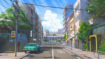 3d apartment balcony blue_sky bridge building car city cloud contrail cumulonimbus_cloud day highres mixed-language_commentary motor_vehicle no_humans original outdoors power_lines railing revision road road_sign scenery shrine sidewalk sign sitai_xiii sky stairs summer traffic_mirror tree utility_pole window