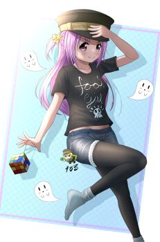 10s 1girl 2_ru adjusting_clothes adjusting_headwear alina_gray artist_name denim denim_shorts ghost hair_ornament hat_tip highres charm_(object) leggings leggings_under_shorts long_hair misono_karin pantyhose pink_hair red_eyes rubik's_cube shirt shorts signature smile socks solo square string t-shirt