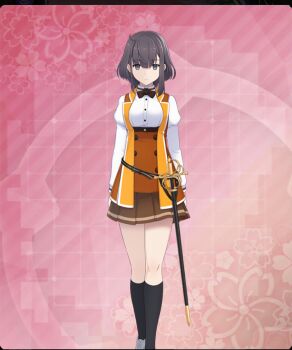 1girl black_bow black_bowtie black_socks bow bowtie breasts brown_skirt brown_vest buttons closed_mouth dot_nose double-breasted expressionless feet_out_of_frame floral_background game_cg grey_eyes grey_hair grey_shoes kneehighs large_breasts long_sleeves looking_at_viewer nitta_hirona official_art osafune_girls_academy_school_uniform pink_background rapier school_uniform sheath sheathed shirt shoes short_hair sidelocks skirt socks solo straight-on sword third-party_source toji_no_miko toji_no_miko:_kizamishi_issen_no_tomoshibi underbust variant_set vest weapon white_shirt