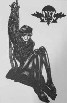 Rule 34 | 1girl, aiming up, beret, black jacket, black pants, bordfunker133, camouflage, camouflage jacket, closed mouth, full body, gloves, greyscale, gun, hat, highres, holding, holding weapon, jacket, knees up, long hair, looking at viewer, mole, mole on cheek, mole under mouth, monochrome, no shoes, original, pants, paratrooper, rifle, sasha shoshnikova, shiny lips, simple background, sitting, smile, socks, solo, tight clothes, tight pants, toes, ukrainian vdv, vdv, weapon