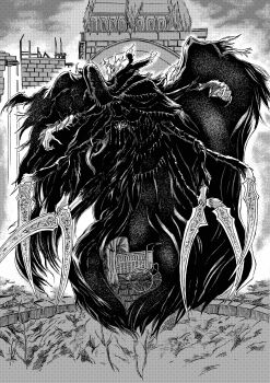 1girl 913kousatu absurdres baby_carrier bloodborne building commentary_request extra_arms full_body greyscale highres holding holding_sword holding_weapon hood hood_up mergo&#039;s_wet_nurse monochrome robe solo sword weapon