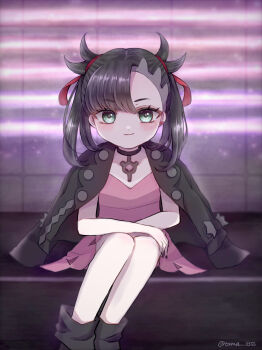 1girl asymmetrical_bangs black_boots black_collar black_hair black_jacket black_nails blurry blurry_background blush boots closed_mouth collar commentary dress eyelashes green_eyes hair_ribbon highres jacket jacket_on_shoulders long_hair looking_at_viewer marnie_(pokemon) nail_polish neon_lights nintendo pink_dress pokemon pokemon_swsh red_ribbon ribbon sitting smile solo tama_3355 twitter_username
